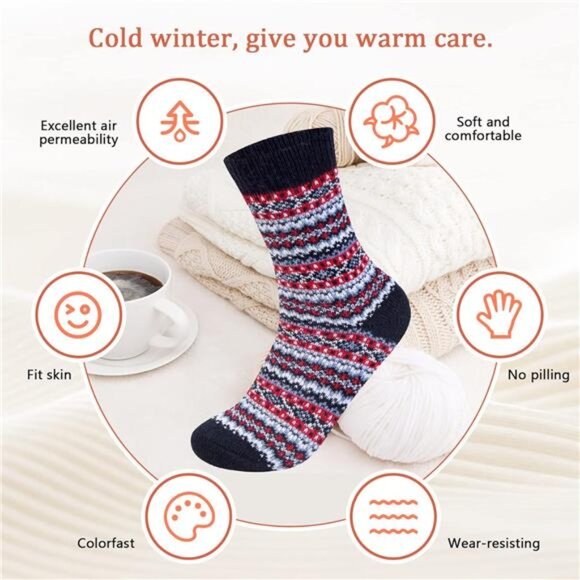 5 Pack Womens Wool Socks Winter Warm Socks Thick Knit Cabin Cozy Crew Soft - Picture 2 of 6